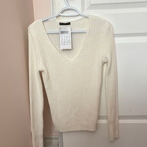 Brandy Melville Cream Ribbed V-Neck Top